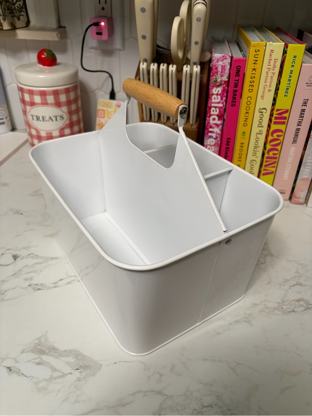 White Metal Caddy with Wood Handle